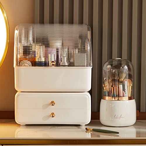 Large Makeup Organizer with Brush Holder, Makeup and Skincare Organizer for Vanity, Cosmetics Skincare Organizers with Lid and Drawers for Countertop, Bathroom, Dresser, Ideal Gifts for Women