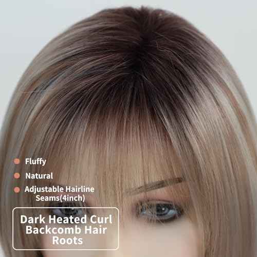 RENERSHOW Layered Blonde Bob Wigs for White Women with Bangs Straight Short Hair Wig Synthetic Ombre Blonde Highlight Bobo Haircuts 12inch Average Size Natural Daily Party Wig