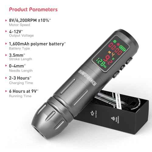 Wormhole Tattoo Gun Kit 1,600mAh Battery 2 Bottles 1/2 OZ Xtreme Tattoo Ink and 20 Tattoo Needles Wireless Tattoo Machine Kit Smart Tattoo Pen for Precise Lining & Shading Smart Display