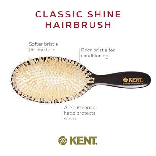 Kent CSGM 7.75" Classic Shine Medium Oval Cushion Straightening Brush and Hair Detangler - Soft White Boar Bristle Hair Brush - Shine Hair Brush and Scalp Scrubber for Mid-Length Fine or Thinning Hair
