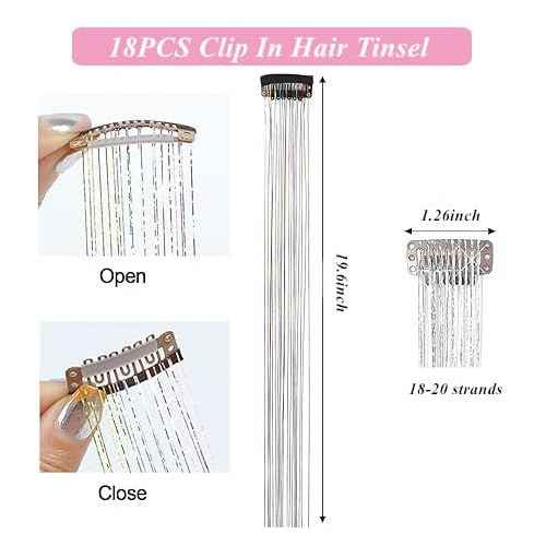Hair Tinsel Kit Pack of 18 Pcs Hair Tinsel Clip in 19.6Inch Glitter Tinsel Hair Extensions Heat Resistant Clip in Hair Tinsel Sparkle Fairy Hair Accessories for Kids Girls Women (Pink)