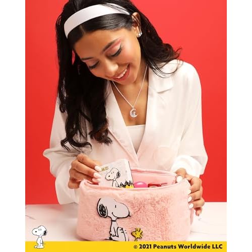 Peanuts Snoopy Pink Make Up Bag Official License, Plush Woodstock and Snoopy Cosmetic Bag with Zip Closure, Cute Makeup Bag