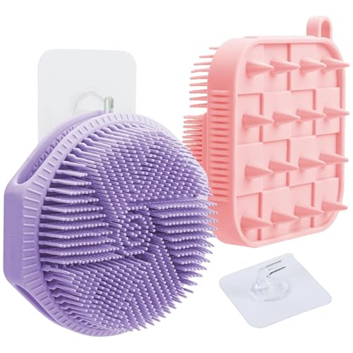 Silicone Shower Scrubber Women Men 2 Pack Exfoliating Body Scrubber Exfoliator Scalp Non-Slip Hollow Hand Glove Loofah Alternative Deep Clean Wash Dual-Sided Durable Scrub Bath Essentials Purple Pink