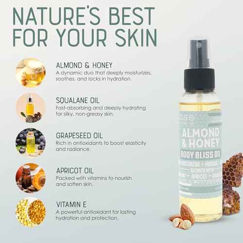 Rinse Bath & Body Almond & Honey Body Oil Moisturizer Spray - Natural Lightweight Fast Absorbing with Squalane, Grapeseed, Apricot & Vitamin E Oil for All Skin Types, 4 fl oz