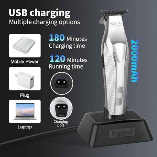KEMEI KM-3023-702 Professional Hair Clipper for Men, Zero Gapped Cordless Beard Trimmer, Barber Clippers with USB Rechargeable, Edgers, Fade Clipper, Gift for Men