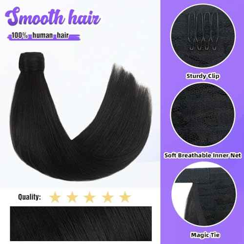 14 Inch Human Hair Ponytail 80g Long Wrap Around Ponytail Natural Black Real Hair Ponytail Extension for Women(14inch,Natural Black)
