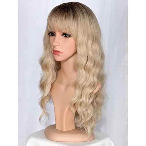 Medium Long Blonde Wavy Wigs For Women Synthetic Full Hair Wigs With Bangs For Daily Use (Blonde)
