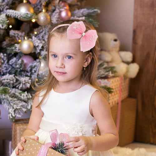 Pearl Headbands Hair Accessories for Toddler Girls - Elegant Lace Veil Headbands for Birthday, Wedding, Halloween, Thanksgiving, and Christmas Occasions-Light Pink