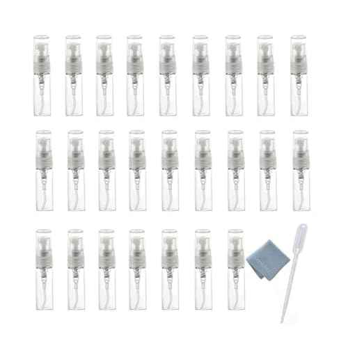 Elfenstal- 25pcs Mini Clear 3ml Fine Mist Atomizer Glass Bottle Spray Refillable Perfume Empty Bottle Glass Clean Cloth for Travel Party Portable Makeup Tool