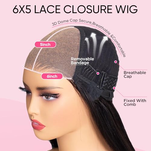 Human Hair Wig Glueless Loose Body Wave Lace Front Wigs Human Hair 200% Density 6x5 HD Lace Pre Cut Plucked Drawstring Wig Glueless Wig Wear and Go for Women 10 Inch