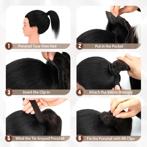 Ponytail Extension Human Hair 16 Inch Natural Black to Medium Brown Silky Straight Clip in Hair Extensions Wrap Around Ponytail Hair Piece for Girls(16 Inch Natural Black to Medium Brown #1BP4 85G)