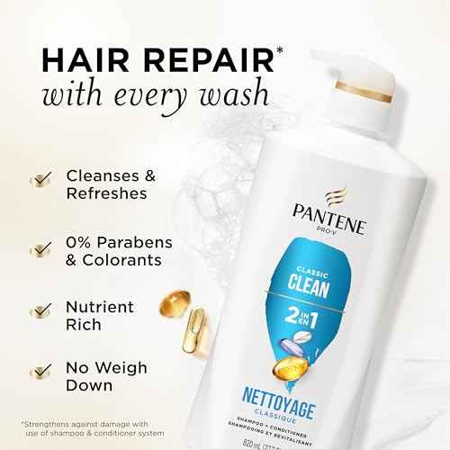Pantene 2-in-1 Shampoo & Conditioner, Classic Clean - Pro-V Nutrients for Dry, Color-Treated Hair, Healthy Looking Hair Every Wash, Antioxidant-Rich, 27.7 Oz Each, 2-Pack + Rescue Shot (0.5 Oz)