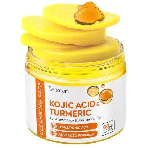 Turmeric Kojic Acid Cleansing Pads (60 pcs), Face Cleansing & Exfoliating for All Skin Types, Hydrating Turmeric Pads with Hyaluronic Acid, Vitamin C for a Radiant Look, Ideal Christmas Gift.