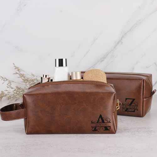 Mens Toiletry Travel Bag Initial J, Personalized Leather Toiletry Bag for Men, Anniversary Christmas Valentines Fathers Day Birthday Gifts for Husband Dad Grandpa Brother
