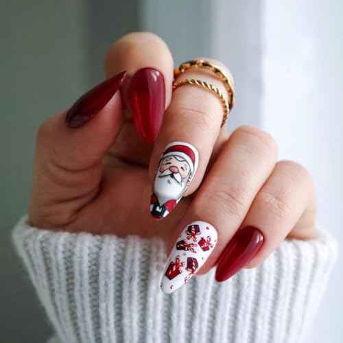 Christmas Press on Nails Medium Almond Red Fake Nails with Santa Claus Glue on Nails Xmas Gift Reusable Artificial Acrylic Full Cover Stick on False Nails for Women Manicure 24pcs