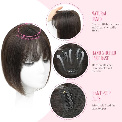 Hair Toppers for Women Real Human Hair with Bangs 10 Inch Upgrade Swiss Lace Base Toppers Hairpieces with Thinning for Daily Wear (Dark Brown