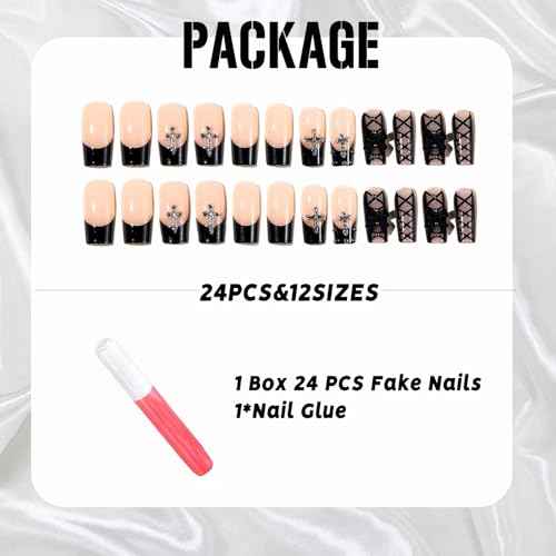 IMSOHOT Black French Press on Nails Long Square Fake Nails Acrylic Nude False Nails with Bow & Cross Design Full Cover Stick on Nails Glossy Glue on Manicure Kit for Women 24Pcs