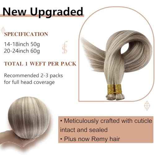 Full Shine 22 Inch Human Hair Weft Sew In Hair Extensions Real Human Hair Hand Tied Hair Extensions Color Ash Blonde Highlight Bleach Blonde Bundles Straight Human Hair 60G