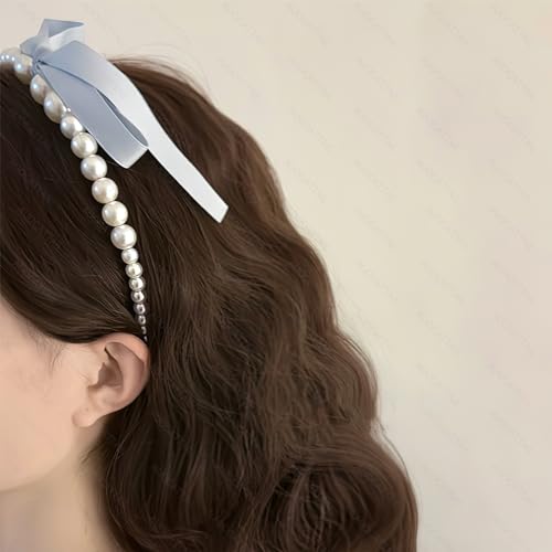 AUOCATTAIL 2 Pcs Pearl Bows Streamer Headbands French Retro Temperament Gentle Pink Bow Ribbon Hair Hoop Hair Accessories Headdress for Women Girls