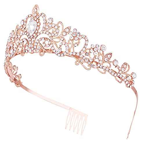 Crowns for Women, Rose Gold Tiara Crystal Rhinestone Hair Accessories for Princess Queen Ladies Little Girls Adult Bridal Bride Birthday Wedding Pageant Prom Halloween Costume Party with Combs