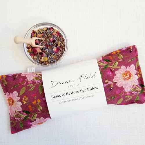 Aromatherapy Flaxseed Eye Pillow with Lavender, Chamomile & Rose Petals - Yoga, Meditation & Stress Relief, Small Microwavable Heat Therapy Pack - Retro Floral Print