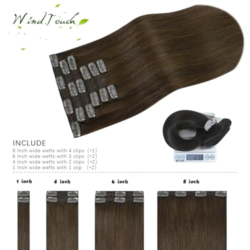 WindTouch Clip in Hair Extensions Real Human Hair #4 Medium Brown Hair Extensions Clip Ins 16inch 120g 7Pcs Human Hair Clip in Extensions Soft Straight Hair Extensions
