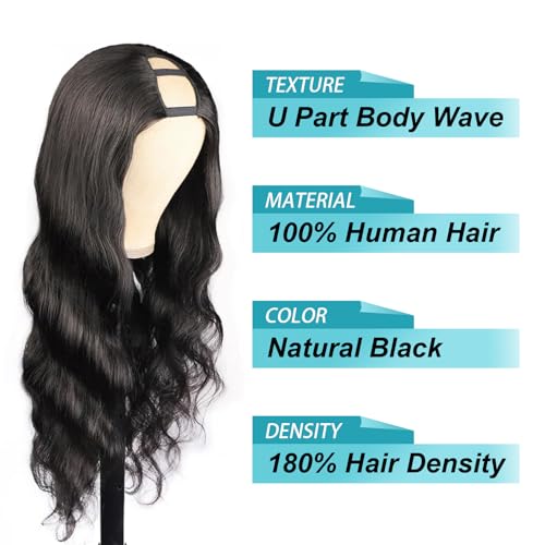 EMOL U Part Human Hair Wig Body Wave 20 Inches Upart Wig for Black Women Medium Length Brazilian Remy Human Hair Glueless Wigs Natural Black Breathable No Sew In Beginner Friendly