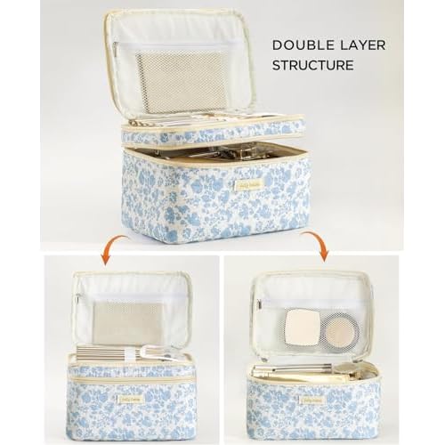 HBselect 2Pcs Travel Makeup Bag, Large Cotton Quilted Makeup Bag Cosmetic Bag Cute Make up Bag Toiletry Bags for Women Girls