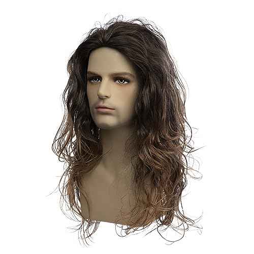 Baruisi Long Curly Wavy Brown Wigs for Men Synthetic Natural Party Halloween Cosplay Hair Wig