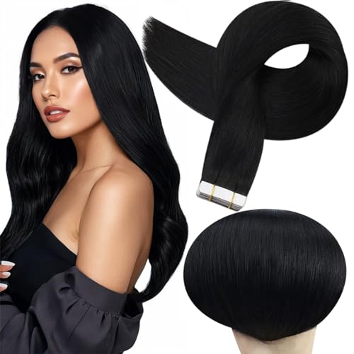 Full Shine Tape ins Human Hair Extensions 22Inch Black Remy Hair Extension Real Human Hair Seamless Skin Weft for Long Extension 20Pcs 50G Tape in Double Sided Tapes for Wedding Add Length