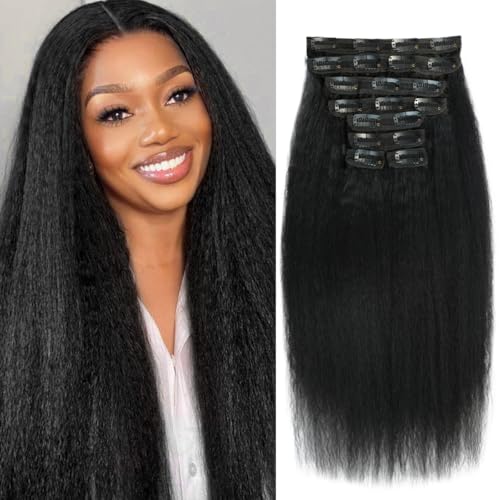 Kinky Straight Clip ins 8Pcs 110g 26 Inch Clip in Hair Extensions Real Human Hair Yaki Straight Clipins for Black Women Full Head Brazilian Remy Hair Extensions Double Weft 20 Clips