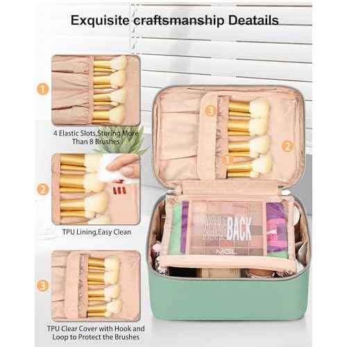 MONSTINA Makeup Bag with Detachable Small Gadget Bag,Large Capacity Portable Cosmetic Organizer,Waterproof Travel Toiletry Bag with Divider for Lipstick,Gifts for Girls and Women,Green Large