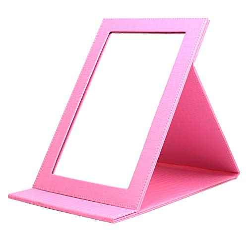 Portable Folding Vanity Mirror,Desktop Folding Mirror with Adjustable PU Leather Stand-Pink