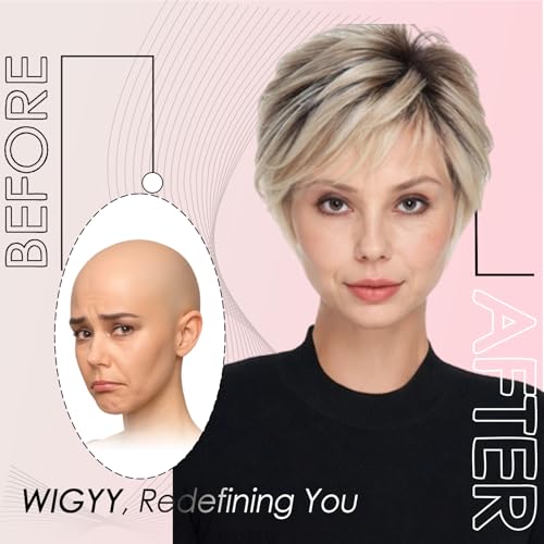 WIGYY Short Pixie Wig for White Women ? Curly Ash Blonde Wig with Dark Roots, Heat-Resistant Synthetic Wig with Bangs, Lightweight Glueless Cap for Older Women Daily Wear
