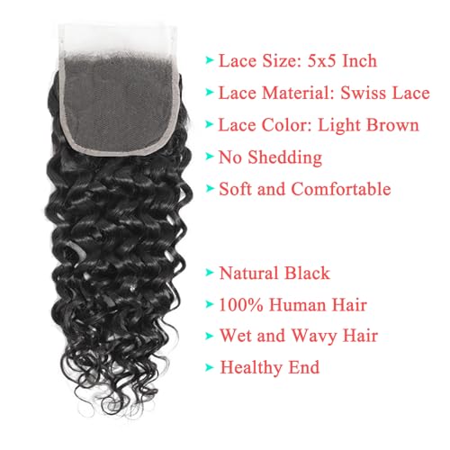 Water Wave Bundles with Closure Human Hair Wet and Wavy 100% Unprocessed Virgin Hair Bundles 16 18 20 inch Human Hair Bundles with Closure 14 inch 5x5 Lace Closure Free Part