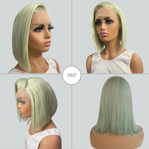 13x4 Free Part Wigs,Bleached Knots Lace Bob Wig Colored Mint Green,Full and Thick Remy Human Hair Wig Pre Plucked with Baby Hair,Straight HD Lace Front Wigs 180% Density(12Inch,Mint Green)