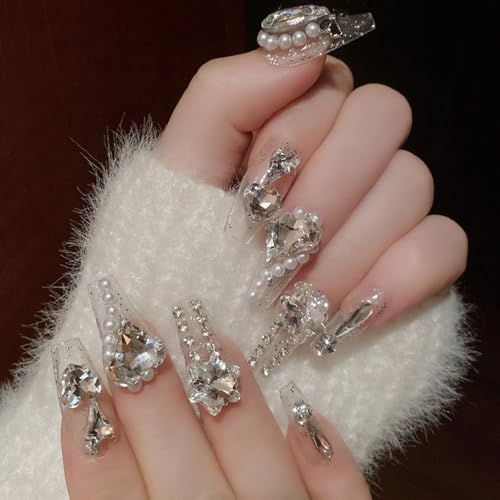 Luxury Press on Nails Coffin Medium Fake Nails Luxury Rhinestones 3D Charm Acrylic Nails Press ons Handmade Glue on Nails Glossy Stick on Nails for Women 24 Pcs