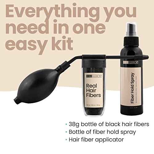 Hair Illusion Combo Kit - Hold Spray, 38g Hair Fiber Bottle, Applicator & Hairline Optimizer (Black)