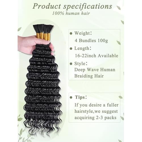 Human Braiding Hair for Boho Braids Deep Wave Bulk Human Hair for Braiding 26 Inch 100 g 4 Bundles No Weft 10A Curly Human Hair Extensions for Braids Wet and Wavy