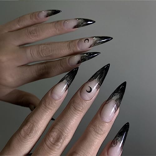 Halloween Press on Nails Stiletto Fake Nails with Night Moon Designs Stick on Nails Full Cover Black Halo Staining Artificial Nails Dark Glossy Glue on Nails for Women Girls 24PCS