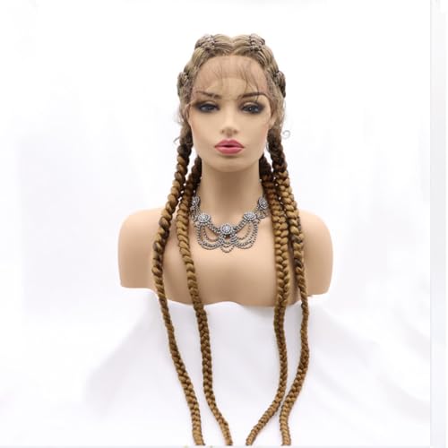 xiweiya 36¡±Long Blonde Brown Braided Wig 100% Hand Braided Brown Twisted Braids 360 Swiss Lace Front Wig Light Brown Double Dutch Braided Wigs with Baby Hairs for Women