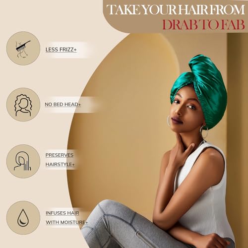 PROMEED Hydrating Silk Hair Wrap with Hyaluronic Acid, 100% 23 Momme Mulberry Silk Turban for Dry Hair and Frizzy Hair, Grade 6a+ Silk Bonnet for Hair Moisturizing Treatment (EMERALD GREEN)