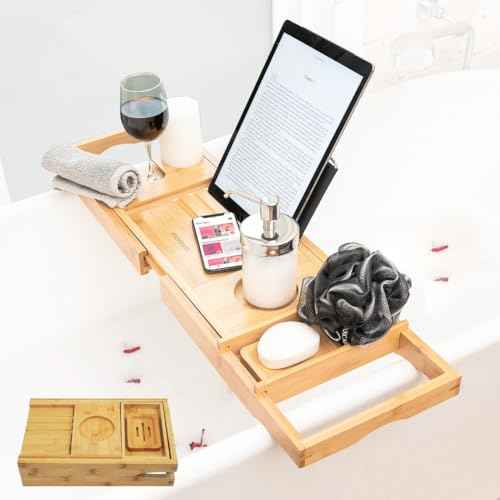 Foldable Bamboo Bathtub Tray Caddy - Expandable Bath Tray for Tub | Secure, Non-Slip Bathtub Caddy Tray for Tub for Bath Accessories, Bath Stuff ? Perfect Relaxing Gifts for Women and Spa Gift Set