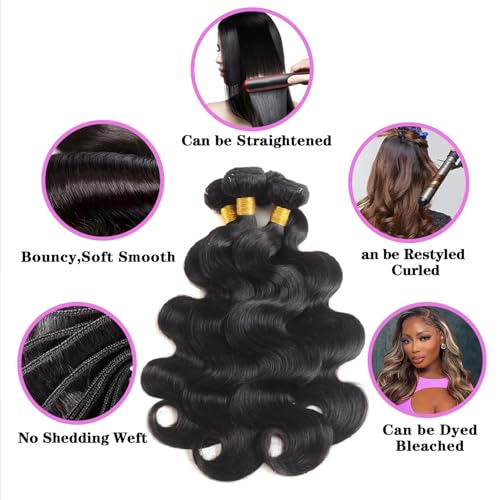 12A Human Hair Bundles 16 18 20 Inch Body Wave Bundles Human Hair 100% Unprocessed Brazilian Virgin Hair Body Wave 3 Bundles Deals Human Hair Extensions Quick Weave For Black Women Natural Black