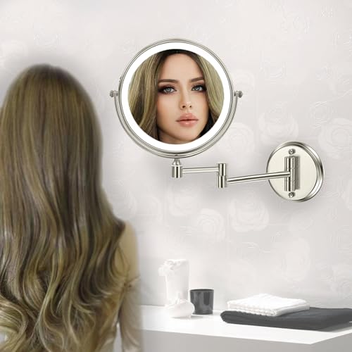 Rechargeable Wall Mounted Makeup Mirror with Lights, 8 Inch Double-Sided 10X Magnifying Vanity Mirror, 3 Color Lights & Stepless Dimming 360¡ÆRotation Extendable Lighted Magnification Bathroom Mirror