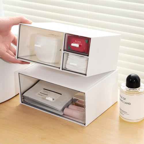 Desk Organizer with 4 Drawers, Makeup Organizer, Desktop Storage Box, Cosmetics Storage Box for nail polish, Lipstick, Brushes, Jewelry, Skincare, Bathroom Organization Boxes(White)