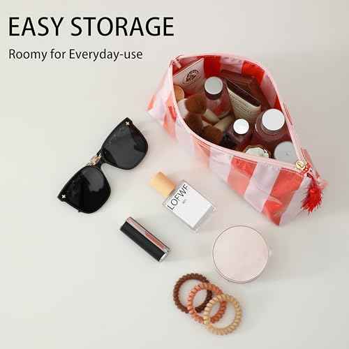 DYSHAYEN Makeup Bags for Purse,Small Clear Coated Cosmetic Bags for Women Girls, Waterproof Travel Organizer Zipper Pouch Beach Vacation Essentials (Pink-Orange)