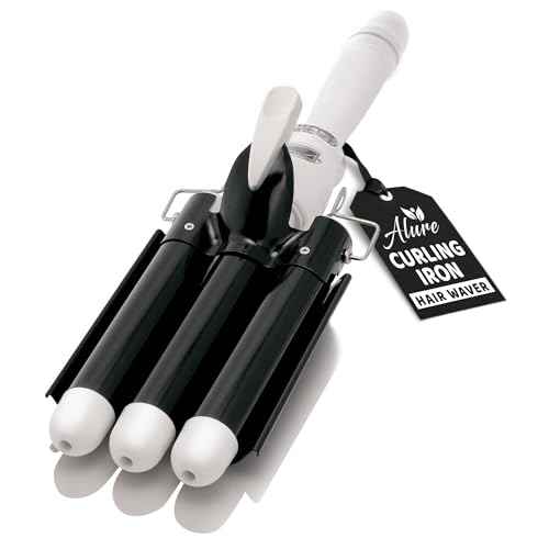 Alure Three Barrel Curling Iron Wand Hair Waver with LCD Temperature Display - 1 Inch Ceramic Tourmaline Triple Barrels, Dual Voltage Crimp (Black/White)