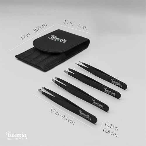 TWEEZIA Stainless Steel Tweezer Set - 4 Precision Tweezers with Mirror & Leather Case - Ideal Eyebrow Kit, Ingrown Hair Tweezers, Splinter Removal Kit or Pointed Tweezers for Beauty and Personal Care