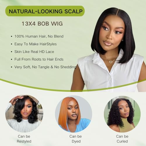 Glueless Bob Wig Human Hair 13x4 HD Transparent Lace Front Wigs Short Bob Wig Glueless Wigs Human Hair Pre Plucked Bleached Knots Straight Lace Front Wigs For Black Women£¨16 Inch£©